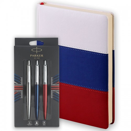 Набор Parker Jotter London Trio: гелевая ручка Red CT + шариковая ручка Blue CT + карандаш Stainless Steel CT и ежедневника триколор в Новосибирске